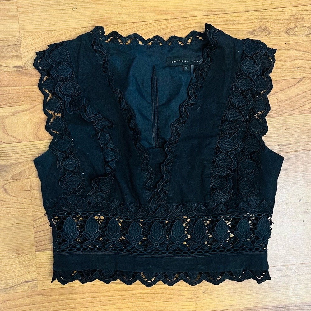 Endless Rose Black Lace Trim Crop Top